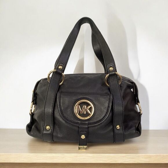 Michael Kors Black Pebbled Leather Hobo Shoulder Bag Fulton Large MK Logo - Picture 1 of 6